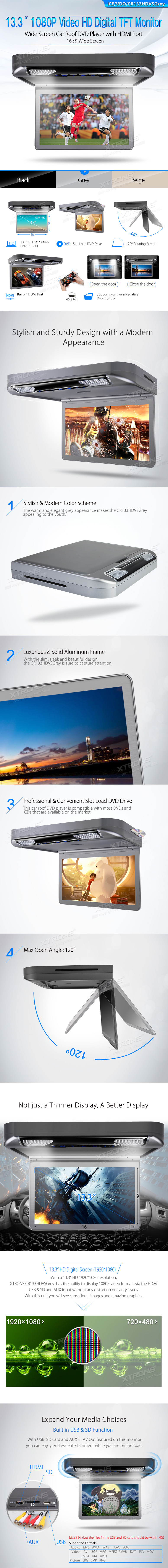 Монитор за таван CR133HDVSGrey DVD, USB, SD слот, 13.3 инча